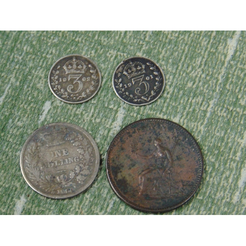 76 - 1836 silver Shilling, 1806 Halfpenny and two Threepences 1901 and 1902.