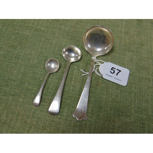 57 - Two Silver miniature ladles, and a Silver mustard spoon. (3).