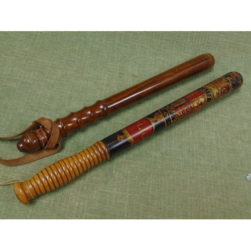 61 - Good antique police truncheon, having hand painted decoration and one other truncheon, (2).