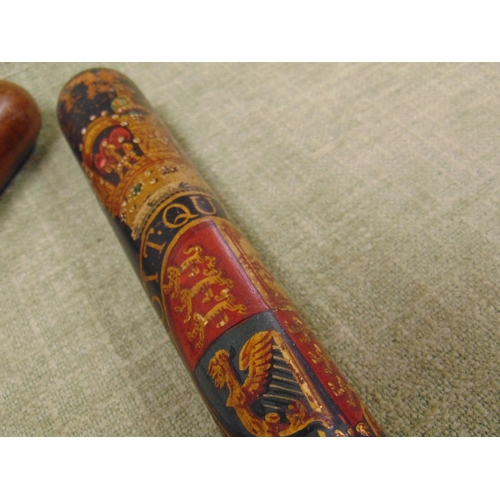 61 - Good antique police truncheon, having hand painted decoration and one other truncheon, (2).