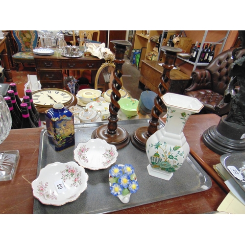 63 - Pair of oak barley twist candlesticks, Carlton ware vase, etc.