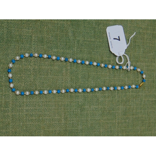 7 - Ladies sea pearl and turquoise necklace, having 9ct gold clasp. 16