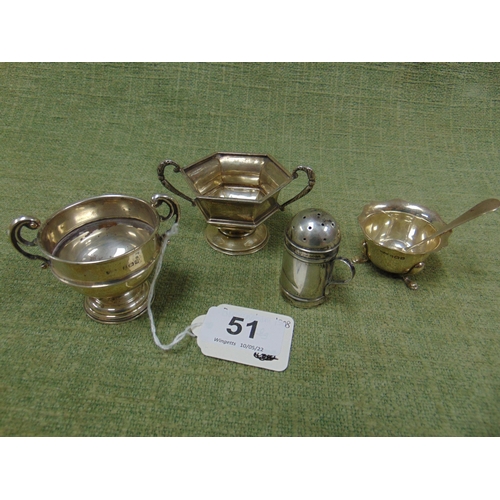 51 - Two miniature Silver trophies, salt with spoon and a Chester pepper pot (3).