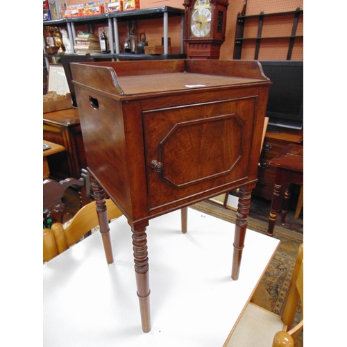 378 - Antique mahogany night cupboard, raised back, single cupboard door and on turned supports. 27 x 14 x... 