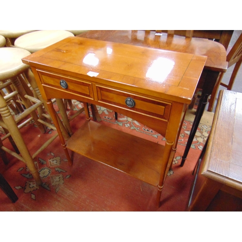 380 - Reproduction Yew wood side table, rectangular top, over pair of short drawers on turned supports, jo... 