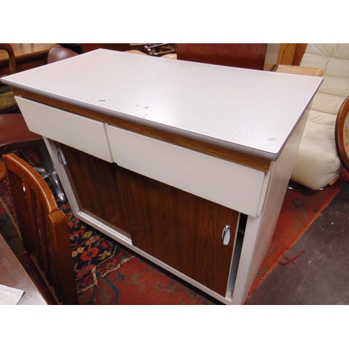 398 - Retro kitchen cabinet, pair of drawers and sliding cupboard doors. 36 x 42 x 21