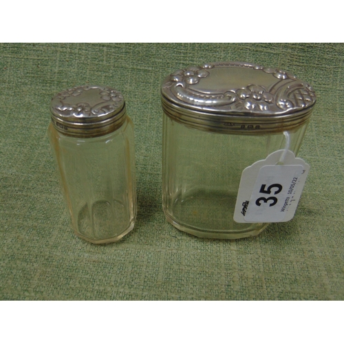 35 - Silver mounted dressing table jar, Birmingham 1904, and a small silver mounted jar (2).