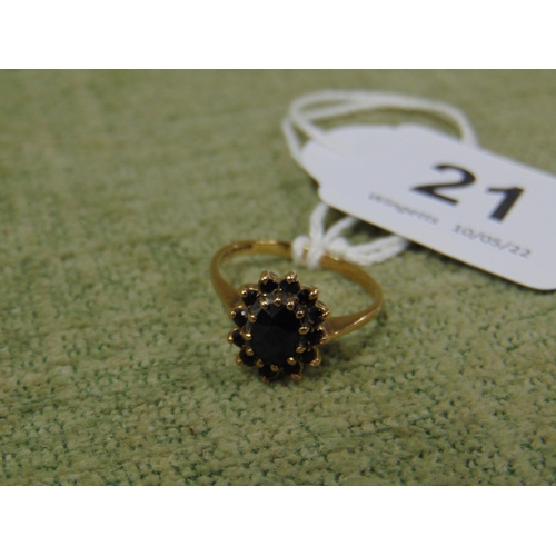 21 - 9ct Gold ring, set with Sapphire stone, size P.