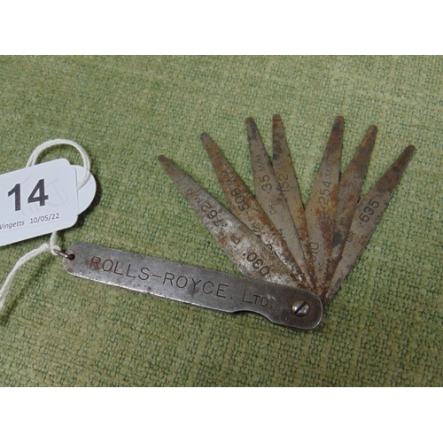 14 - Rolls Royce spark plug feeler gauge.