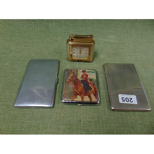 205 - Commemorative cigarette case, table lighter with clock and two other cigarette cases. (4).