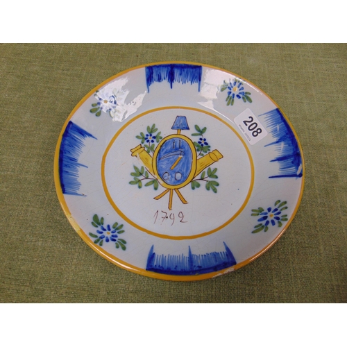 208 - Antique Quimper style bowl, having hand painted decoration.