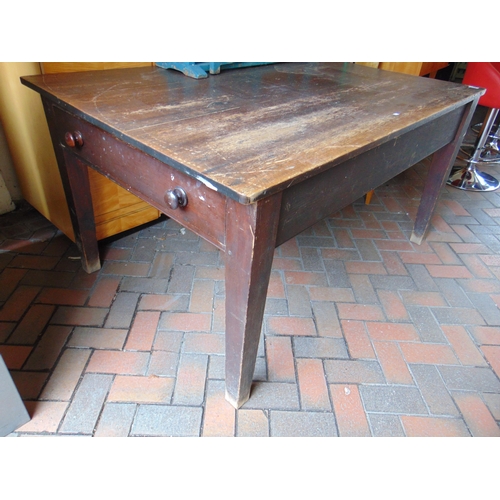 220 - Stained pine farmhouse table, rectangular top with rounded corners, drawer to either side with knob ... 