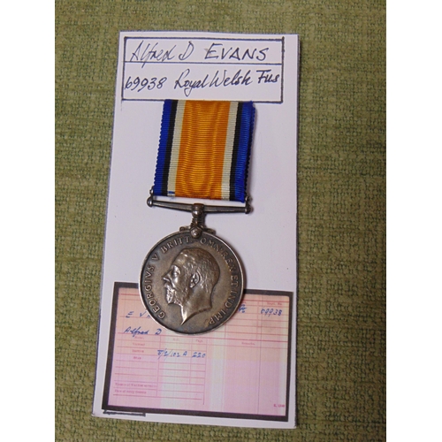 231 - 1st World War medal with ribbon, Alfred D. Evans 69938 Royal Welsh Fus.