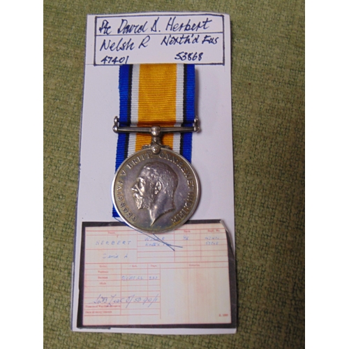 247 - 1st World War medal with ribbon, Pte Daniel A Herbert , Welsh R North'd Fus 47401.