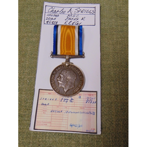 248 - 1st World War medal with ribbon, Charles A Spriggs , 100749 2090 80838 MGC Essex R  RR of Car.