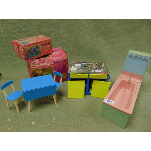 107 - Retro boxed Sindy's Working Sink Unit, boxed  Folding Leaf Table & 2 Chairs, and a bath (no box.