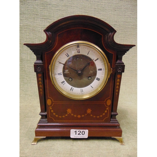 120 - Edwardian inlaid mahogany mantle clock, French 8 day movement striking on a gong, 10