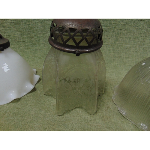 131 - Antique etched glass lightshade, pair of fluted glass lightshades etc.