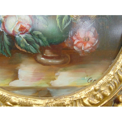 142 - Ornate gilt framed reproduction oil on panel, still life of flowers, 18.5 x 17