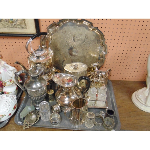 158 - Plated spirit mkettle on stand, plated cruet with cut glass bottles etc.