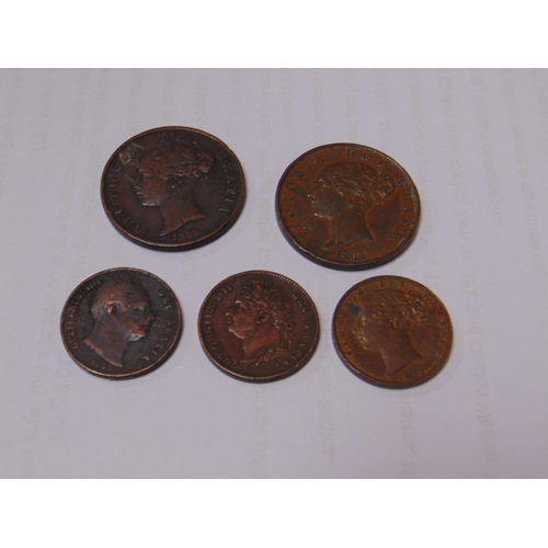 179 - Three copper Farthings - 1825, 1835 and 1853, and two copper Halfpennies, 1853 and 1858.