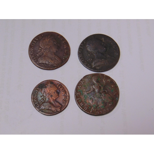 185 - Three 18th century copper Halfpennies, 1734, 173 and 1775, and a Farthing 1773.