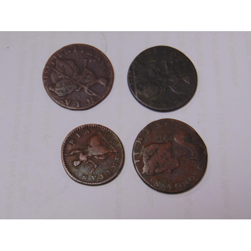 185 - Three 18th century copper Halfpennies, 1734, 173 and 1775, and a Farthing 1773.