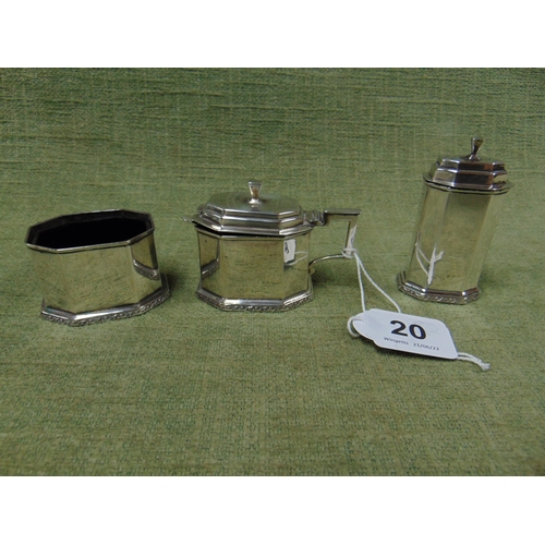 20 - silver Mappin & Webb  three piece condiment set of octagonal form, 4.7ozt.