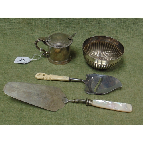 26 - Large plated mustard pot, sugar bowl, cake slice and a cheese slice.