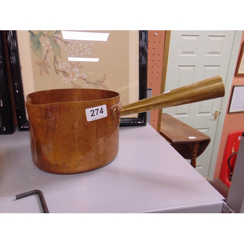 274 - Heavy copper sauce pan, having brass handle.