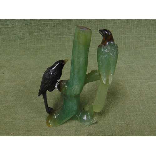 304 - Jadeite carved group of two birds perched on a tree, 7