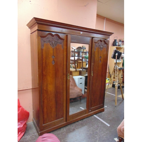 336 - 19th century walnut triple door wardrobe, dentil moulded cornice, centre mirror section and on brack... 