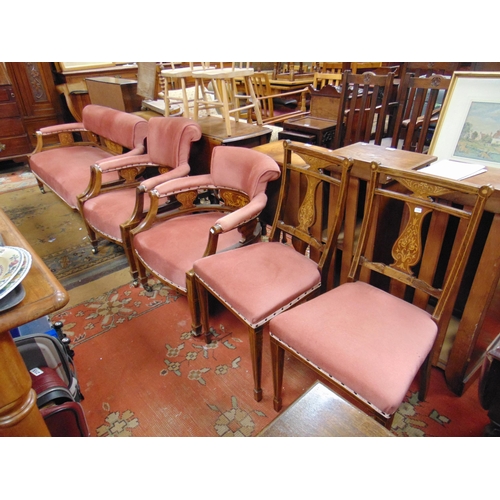 371 - Late 19th century inlaid rosewood drawing room suite, comprising settee, pair of tub chairs and a pa... 