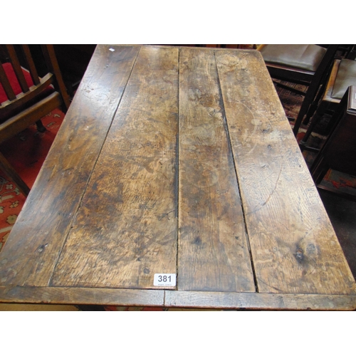 381 - Antique oak centre table, rectangular top, end drawer and on tapered supports. 28 x 37 x 25