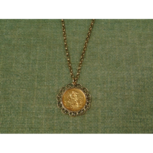 43 - Victoria 1899 gold Sovereign, mounted as a pendant and with 9ct gold chain, total weight 19.6g.