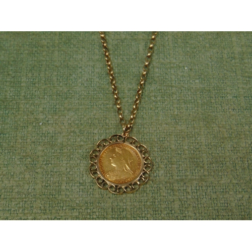 43 - Victoria 1899 gold Sovereign, mounted as a pendant and with 9ct gold chain, total weight 19.6g.