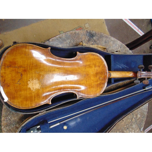 453 - Cased antique violin and bow.