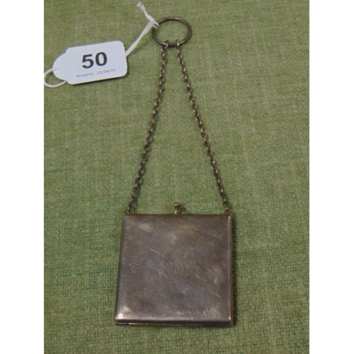 50 - George V silver powder compact of purse design with chain handle, Birmingham 1912.