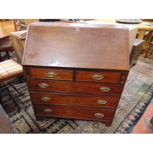 337 - Antique mahogany bureau, fall front revealing a fitted interior, two short and three long drawers wi... 