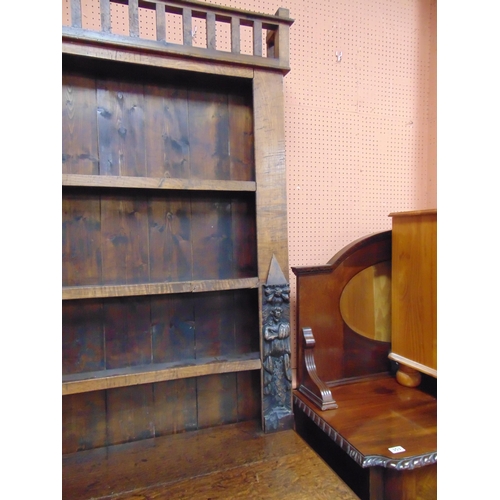 352 - Antique oak dresser, associated plate rack back having shelf lined centre, the base with three drawe... 