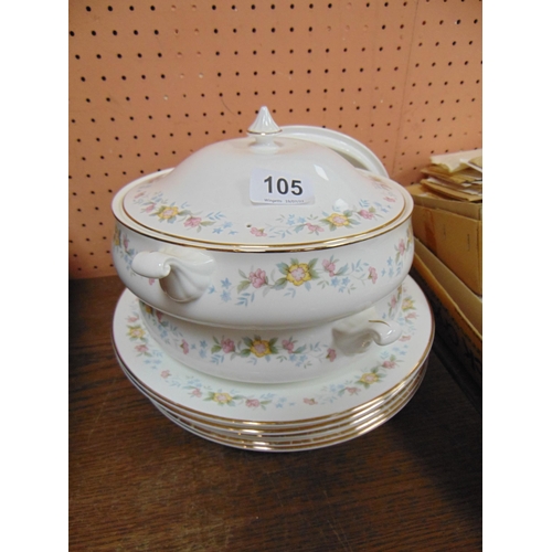 105 - Two Mayfair floral tureens with covers and six matching dinner plates.