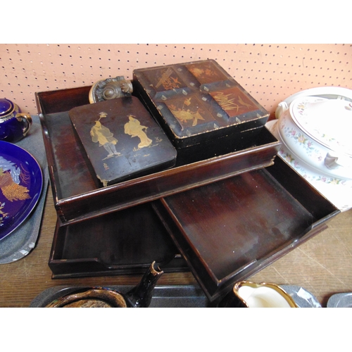 107 - Three wooden stationary trays, two lacquered boxes etc.