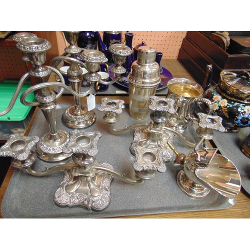 108 - Two pairs of plated candelabra, plated cocktail shaker etc.