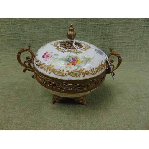 128 - Sevres circular lidded bowl with gilt metal mounts and stand, 4.75