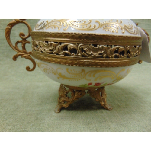 128 - Sevres circular lidded bowl with gilt metal mounts and stand, 4.75