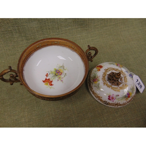 128 - Sevres circular lidded bowl with gilt metal mounts and stand, 4.75