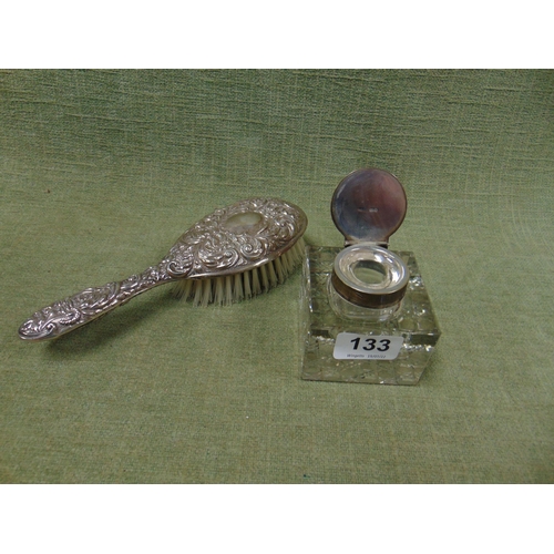 133 - Square glass decanter with hinged silver cover, and a silver backed hairbrush.