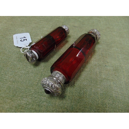 15 - Victorian ruby glass double ended scent bottle, 3.5