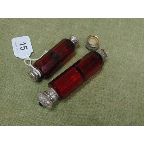 15 - Victorian ruby glass double ended scent bottle, 3.5