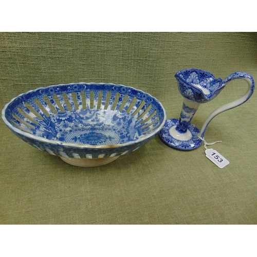 153 - Herculaneum oval blue and white reticulated bowl, and a blue and white transfer decorated chambersti... 